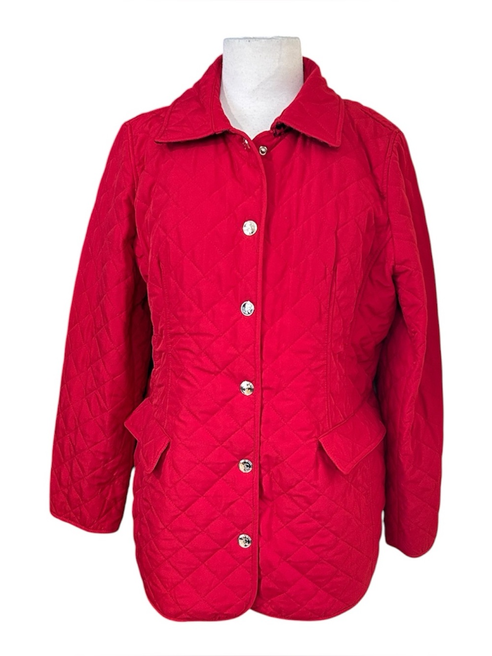 Chico's Women's Red Quilted Button Front Jacket w/ Pockets Mid-Length Size 2/L